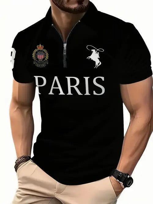 Men's 3D Digital Print Zip-Up Polo Shirt